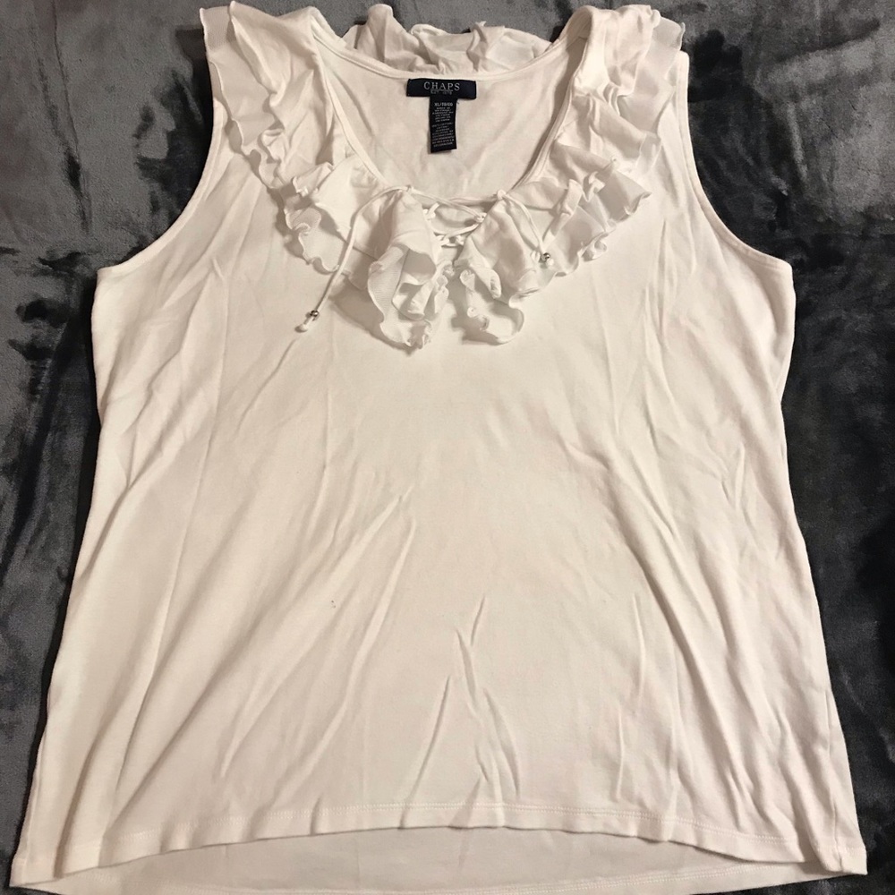 Chaps White Ruffle Neck Tank Top